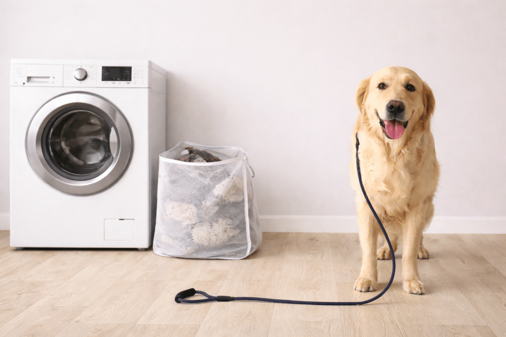 Golden Retriever standing indoors on a light wooden floor beside a white front-loading washing machine, with a white mesh pet laundry bag filled with fur-covered towels placed on the floor next to it.