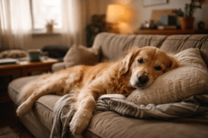 Relaxed dog lying on a sofa at home in a natural, candid moment with soft lighting | deshedding tool for your dog