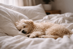 Small fluffy dog sleeping on an unmade bed in soft morning light | Best deshedding tools for dogs