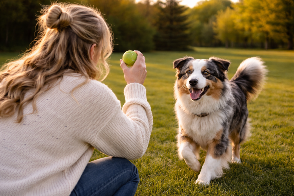 Woman holding tennis ball while dog runs toward her in a grassy park | Best tools for removing pet hair from clothes
