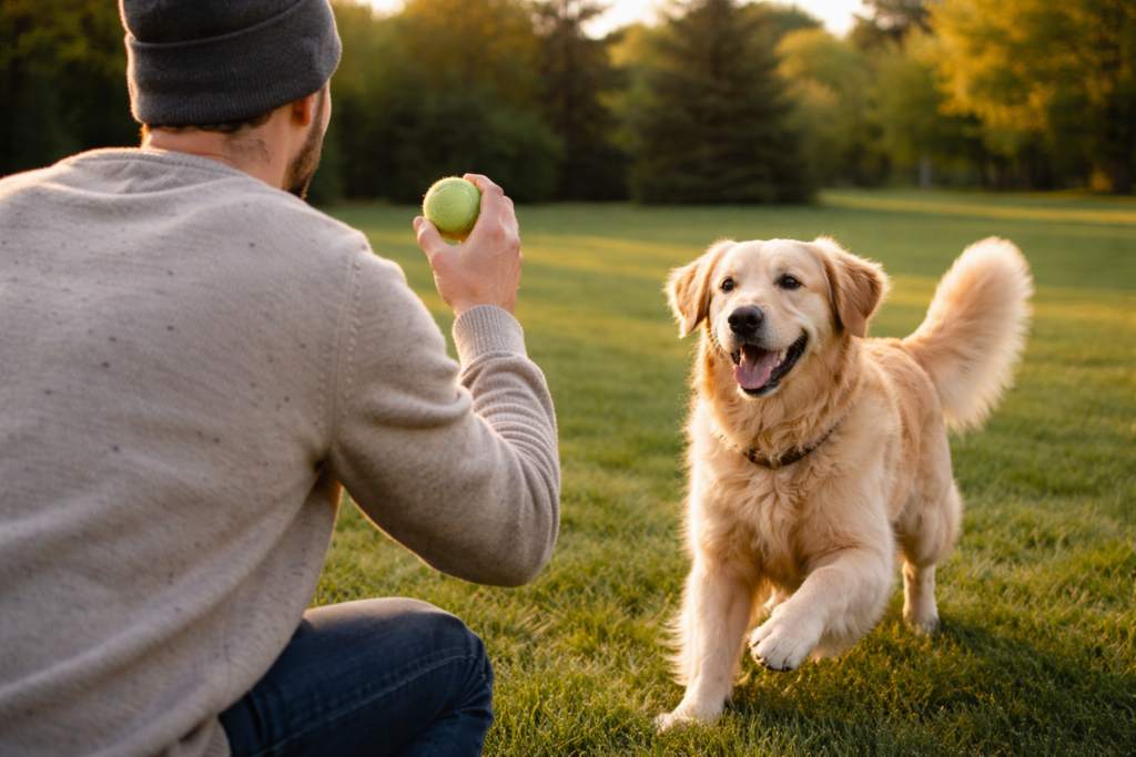 Dog running toward owner holding a tennis ball in a grassy park | How to remove pet hair from clothes