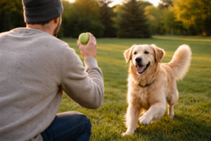 Dog running toward owner holding a tennis ball in a grassy park | How to remove pet hair from clothes