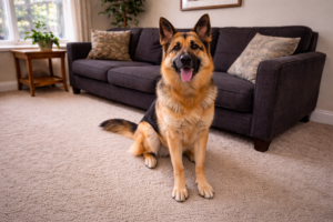 German Shepherd sitting on carpet in a living room with sofa in the background